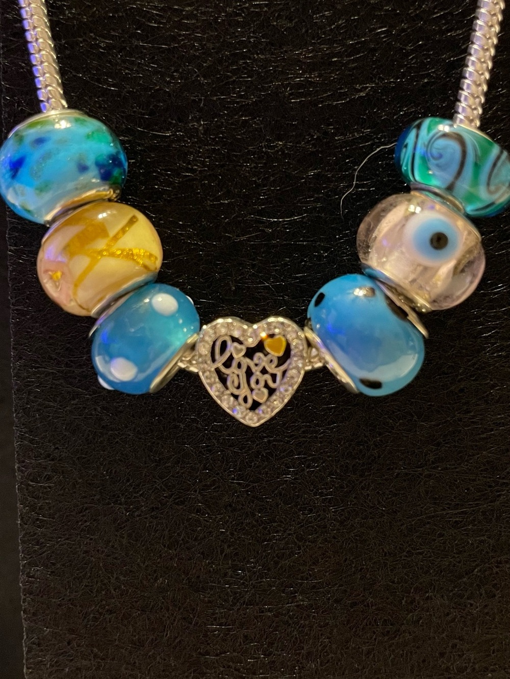 Silver Heart Charm Bracelet with Blue & Turquoise Glass Beads